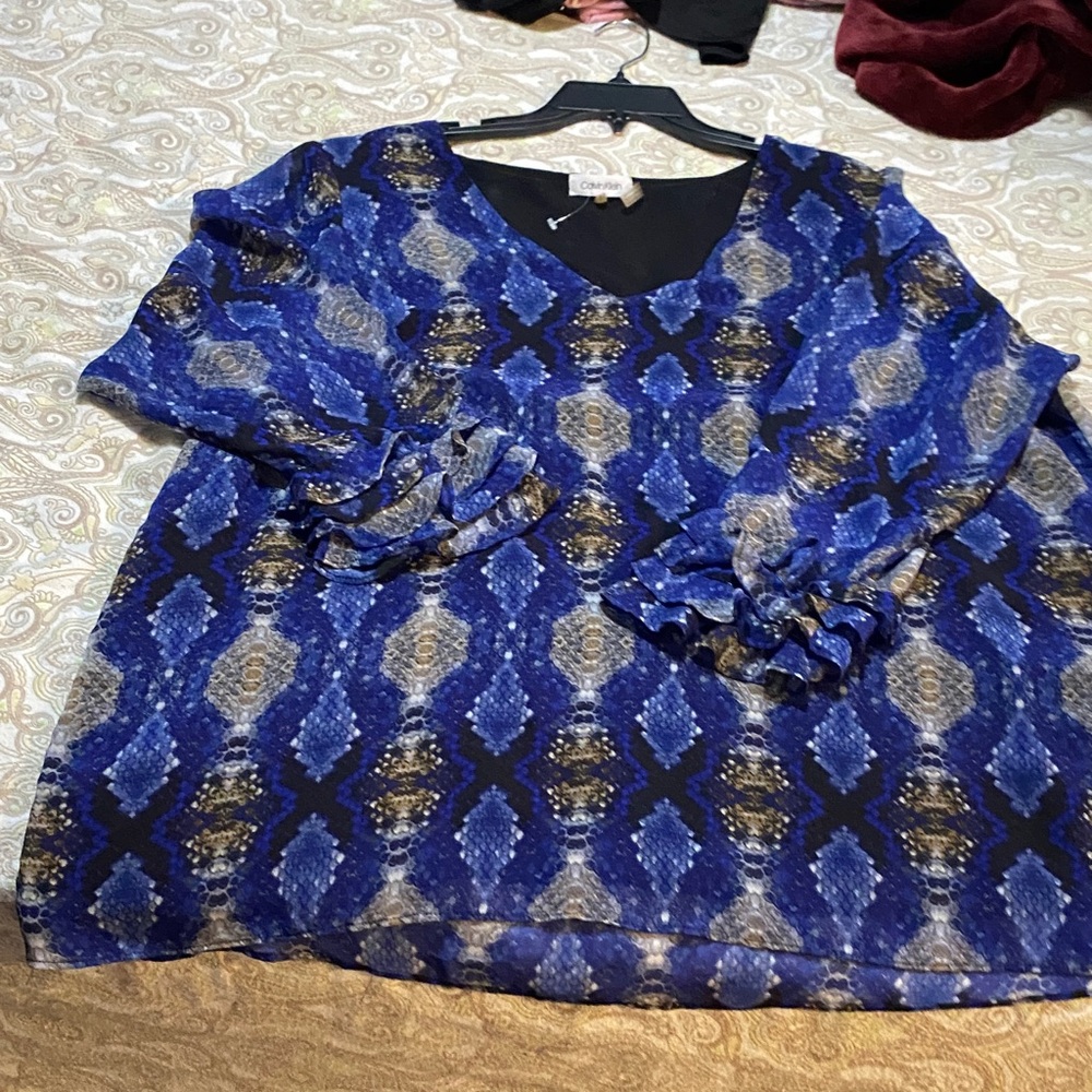 Calvin Klein Blue and Gold Patterned Blouse